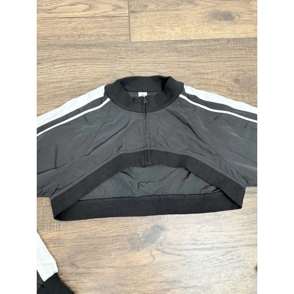 Alo Yoga Racetrack Shrug Black White Crop Jacket Zip Long Sleeve Sz XS